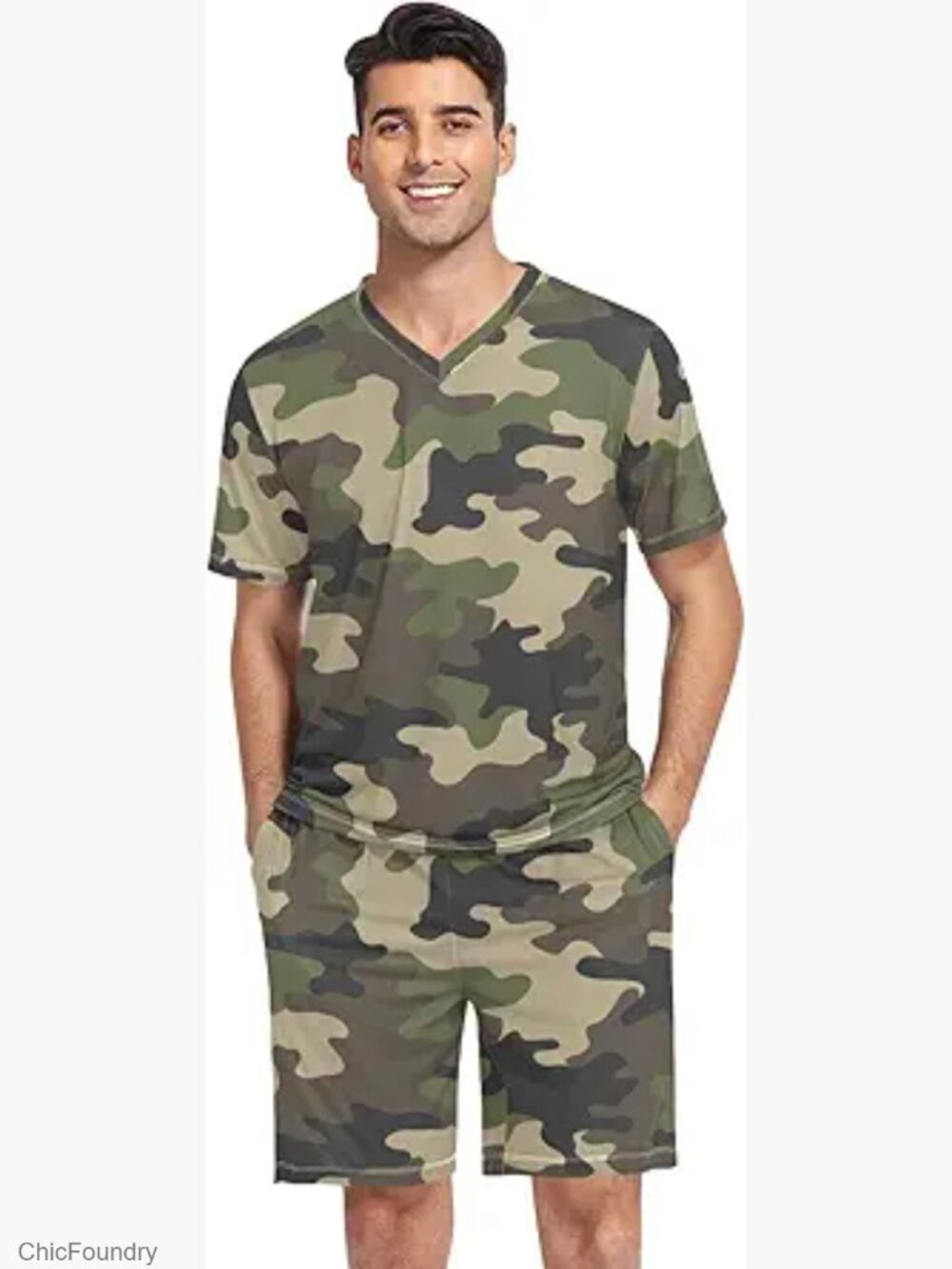 Men's Camo Short Sleeve Pajama Set with V-Neck Top and Shorts 2XL